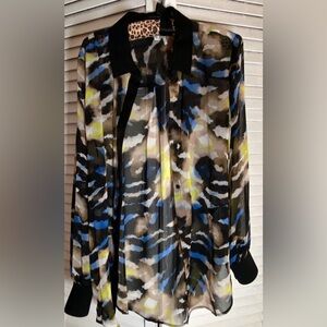 DKNY Multicolor Sheer Blouse with black velvety collar and trim